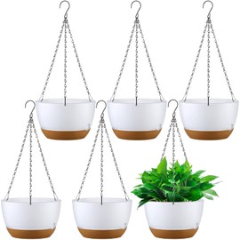 6 Pcs 9.7 Inch Christmas Hanging Planter Hanging Plant Pot Plastic Round Hanging Baskets for Plants Indoor Flower Pot with Drainage Holes Removable Trays for Garden Home Patio(White)