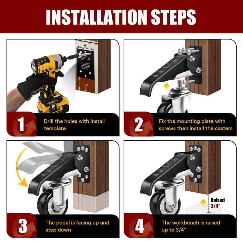 SPACECARE Retractable Workbench Casters Kit, Heavy Duty Workbenches Wheeels with