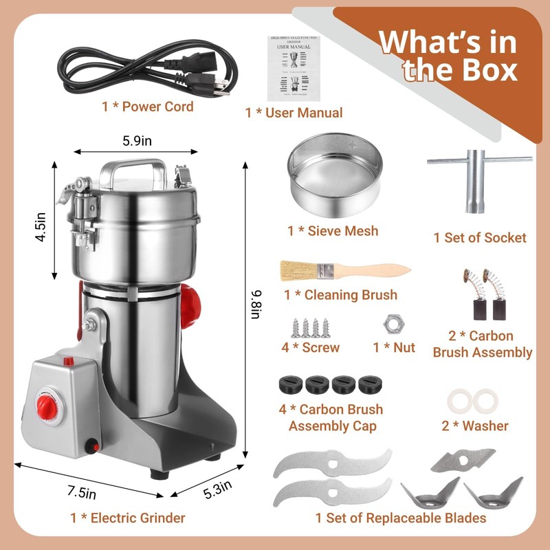 Grain Mill Grinder 800g, Electric Stainless Steel High-Speed Spice Herb