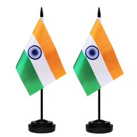 India Desk Flag Set, 2 Pack Indian Table Office Flags, Small Mini Desktop Flag With 12" Solid Black Pole, Black Base, Miniature Desktop Flag