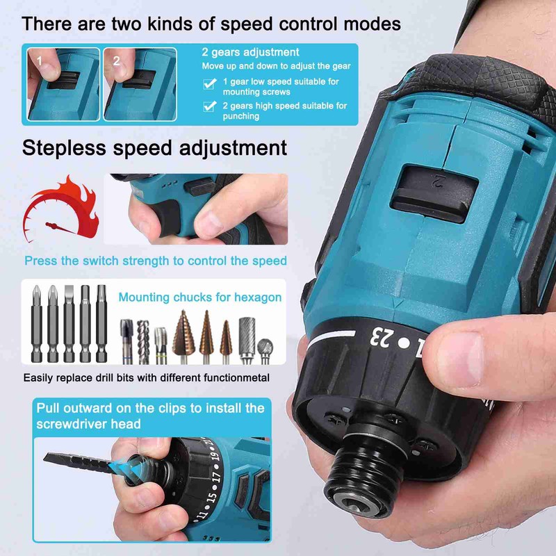 18V Lithium Screwdriver Adjustable 2 Speed Control Modes Multifunctional Repairing