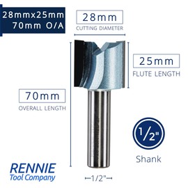 Rennie Tools - 28mm Cutting Diameter x 25mm Flute x 1/2" Shank TCT Tipped 2 Flute Straight Router Cutter Bit. Compatible With Makita Trend Festool Hikoki Dewalt Router Etc. 28mm Router Bit