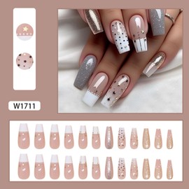 24pcs Medium Coffin Press on Nails White Glitter Fake Nails Medium French Tips False Nails with Stars Moon Designs Acrylic Nails Winter Glue on Nails Glossy Medium Artificial Stick on Nails for Women