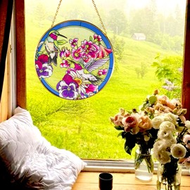 Opohaome Hummingbird Stained Glass Window Hanging Suncatcher Red Birds Sun Catchers Colorful Ornament Hand-Painted Glass Panel Decor Christmas Birthday Gift for Mom Grandma Birds Lover 6.5×6.5”