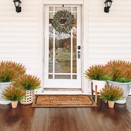 Agusbagli 24 Bundles Artificial Grass Fake Plants, Outdoor Fake Monkey Grass Greenery UV Resistant Faux Plastic Shrubs Arrangement for Patio Garden Porch Home Window Hanging Planter Decor, Red