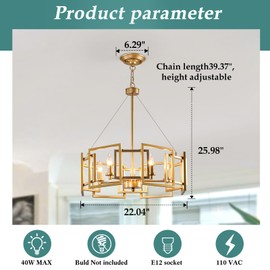 ZGLAOJT Modern Chandelier Gold Geometric Pendant Lighting Fixture 5-Light Metal Farmhouse Chandelier for Dining Room Living Room entryway Kitchen Bedroom Island