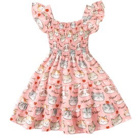 Girls Cat Summer Dress Cute Ruffle Sleeveless Pink Dresses Toddler Girl Princess Beach Sundress Summer Clothes (1580-3-4T)