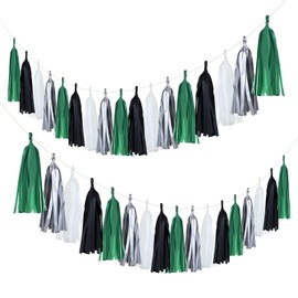 Guzon 20 Pack of Black Green Silver Party Decorations Tassel Garland Banner White Tissue Paper Tassels for Soccer Party Supplies Graduation Backdrop Men Boys Birthday Jungle Theme Banner
