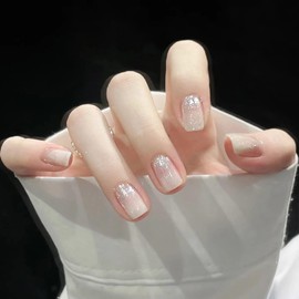 Nail Tip, Short, 24 Pieces, False Nails, Gradient, White, Pink, Skin Color, 3D Nail Sticker, Silver Foil Nail Tip, Popular, Japanese, Cute, Simple, Fashionable Party, Autumn, Spring, Summer, Daily