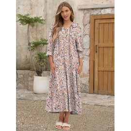 ANRABESS Women Boho Floral Maxi Dresses Summer Puff Sleeve V Neck Beach Swing Casual Flowy Tiered Dress Floral Orange White Large