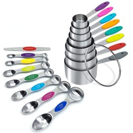 RMERVE 16PCS Magnetic Measuring Spoons and Measuring Cups Set, 7 Double-Sided Spoons& 1 Leveler and 8 Measuring Cups, Multicolor, Stainless Steel, Fits Spice Jars, Large Capacity Measurement