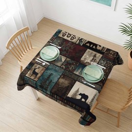 Forest Animals Square Tablecloth 54x54 Inches, Western Country Bear Elk Deer Wildlife Plaid Waterproof Oil-Proof Table Cloth Table Cover for Dinner, Picnic, Indoor/Outdoor Party