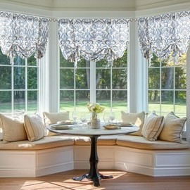 jinchan Linen Tie Up Valance for Flax Floral Drapes Vintage Farmhouse Medallion Window Treatments Light Filtering Curtain for Living Room Laundry Cafe Rod Pocket 1 Panel 54 Inch Slate Blue