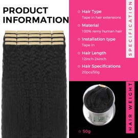Lashey Tape in Hair Extensions Human Hair Natural Black Kinky Straight Tape for Hair Extensions Remy Hair 24 Inch Long Hair Extensions 20pcs 50g/pack