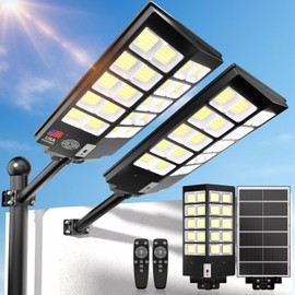 PFCTART Solar Street Lights Outdoor, 6500K Solar Lights Outdoor Waterproof Dusk to Dawn, Security Flood Lights with Motion Sensor and Remote for Yard, Garage, Driveway (4000W-(2 Pack))