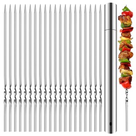 Stainless Steel Kabob Skewers, Heavy Duty Grilling Skewers, 12" Long Barbecue Skewers, Resuable BBQ Sticks for Shish Meat Shrimp Chicken (Set of 20 pcs Skewers +1 Tube Storage) (Flat Skewers)