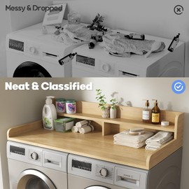 BigPonPon 2-Tier Washer and Dryer Countertop with 2.75" H Guard,54" W x 27.5" D Laundry Countertop Cover with Non-Slip Pad,Large Space Laundry Topper for Folding Clothes Over Washer-Pure Wood Color
