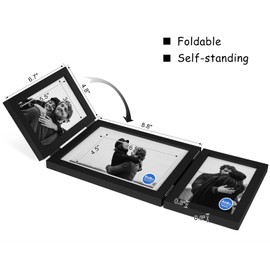Tamolus 3 Vertical Horizontal Hinged Wood Picture Frame 4x6 and 5x7 Triple Folding Photo Frame Home Decor with Real Glass Front in Black for Tabletop, Display 4x6 with Mat or 5x7 without Mat