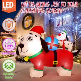 PRESENCE Christmas Inflatables Outdoor Decorations - 5FT Christmas Blow Up Dog Family LED Lights with Gift Box, Winter Decor Xmas Kids Gift for Outdoor Yard Decorations