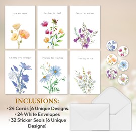 Only Zest Sympathy Cards with Envelopes and Stickers—24 Pack | 6 Unique Floral Designs, Bulk Box Set of Bereavement and Condolence Card Assortment with Short Sympathy Messages for Comfort, 4 x 6 in