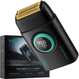 VGR 378 Electric Shavers for Men, Triple Floating Blade Foil Shaver Cordless Men's Electric Razor, 9000 RPM Motor Bald Shavers Titanium Foils with LED Display, Barber Supplies (Black)
