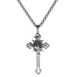 FINDQUEEN Religion Stainless Steel Saint St St. Benedict Crucifix Cross Pendants Necklace Crucifix Pendant Necklace for Men Women, Jesus Cross Necklace (Large Silver)