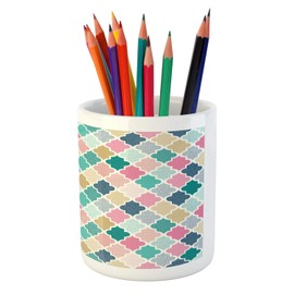 Ambesonne Geometric Pencil Pen Holder, Classical Moroccan Tiles with Dots in Playful Colors Eastern Art Modern Display, Printed Ceramic Pencil Pen Holder for Desk Office Accessory, Multicolor