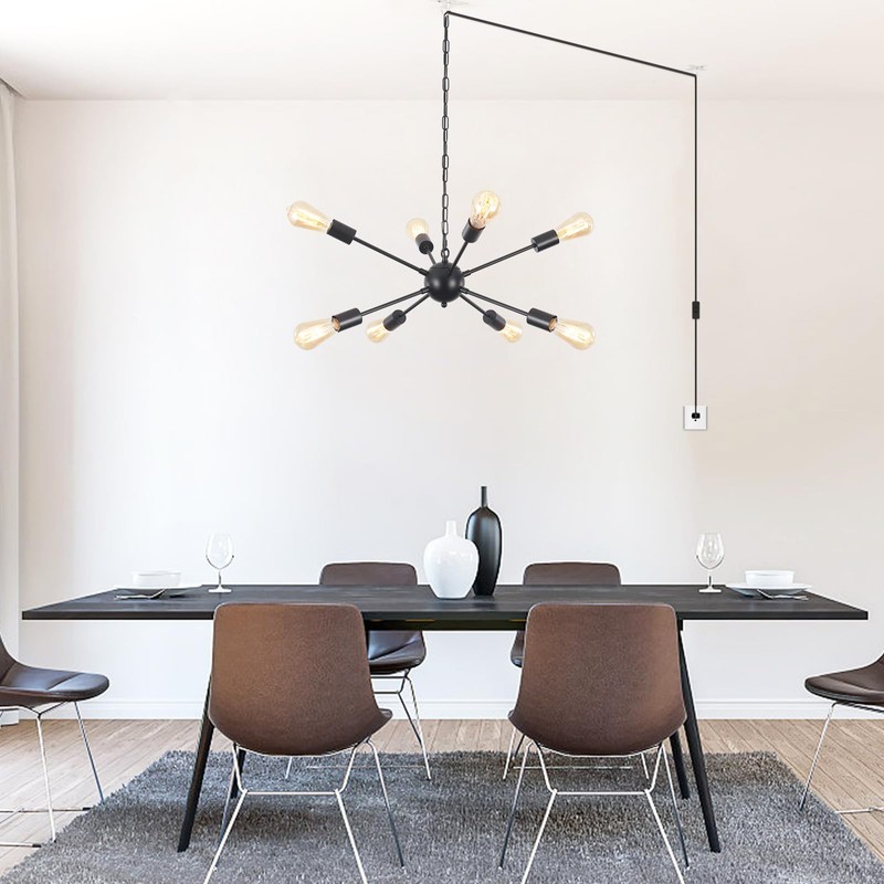8 Lights Plug in Chandelier Black Hanging Lamp Plug-in Pendant