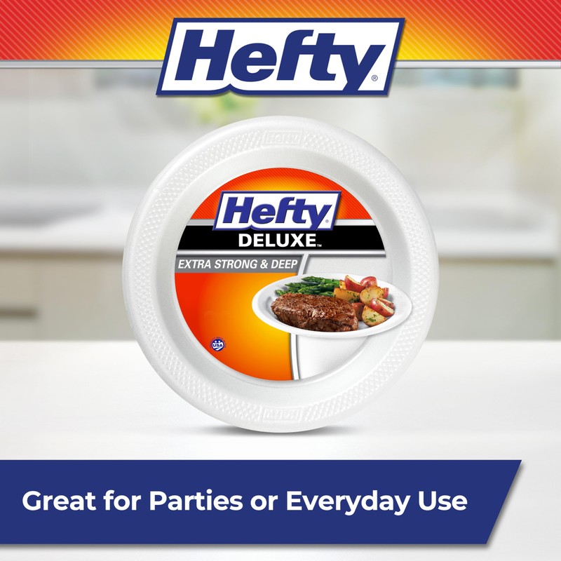 Hefty Deluxe Extra Strong & Deep Foam Plates, Round, White,