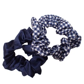 Topkids Accessories 2pc Gingham and Plain Small Scrunchie Set, School Uniform Hair Accessories, Girls, Ladies Ponytail Holder, Dia. 8cm/3.15" (Navy Blue)