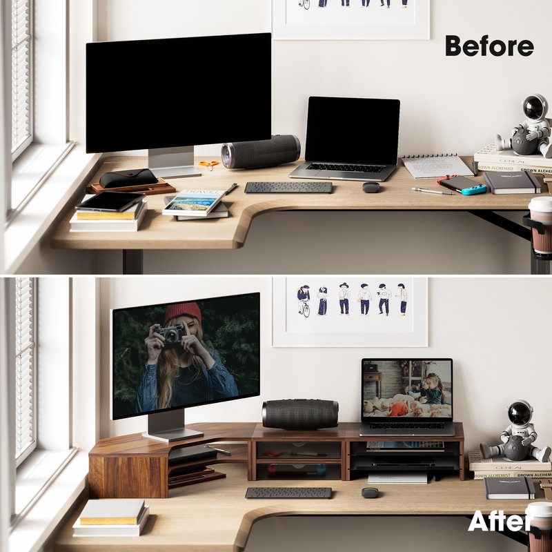 Fenge Dual Monitor Stand, Corner Desk Shelf with Drawer &