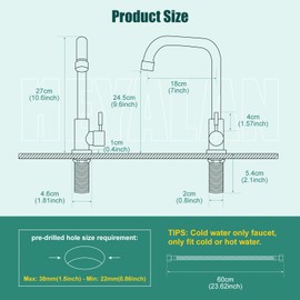 Heyalan Matte Black Faucet Cold Water Only Single Lever Handle SUS304 Sink Bar Tap 360 Degree Swivel Spout Decked Mounted Longer Thread Pipe