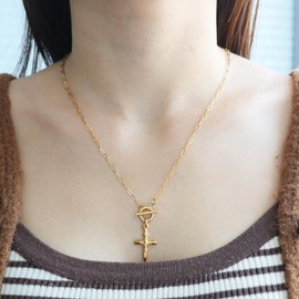 Jemant Crucifix Cross Necklace For Women Stainless Steel 18k Gold Plated 2mm 20inch Paperclip Chain Jesus Cross Toggle Pendant Necklace Baptism Christian Easter Prayer Jewelry Gift (Gold B)