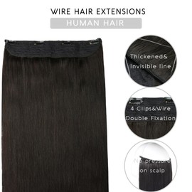 VINBAO Human Hair Wire Human Hair Extensions Fish Line Hair Extensions Human Hair Extensions With Transparent Lines Natural Black 16inch 70g Wire Hair Extensions Real Human Hair (wire#1B-16inch)