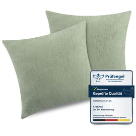 ATsense Set of 2 Cushion Covers Measuring 80 x 80 cm, 100% Washed Cotton, with Zip, Super Soft Premium and Cosy Cushion Covers, Light Green