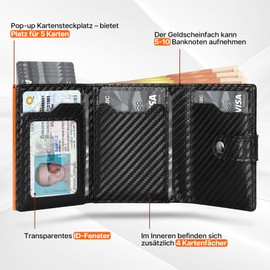 Tomylv Men's Slim Wallet with RFID Protection, Stylish Carbon Fibre Leather Wallet with Coin Compartment, Portable Mini Credit Card Holder, Bank Note Compartments, ID Window - Black Orange, Black &