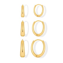 FAUTHENTICUTE 3 Pairs Gold Huggie Hoop Earrings For Women Gold Plated Chunky Oval Hoops Lightweight Geometric Earrings, Small, Copper, No Gemstone