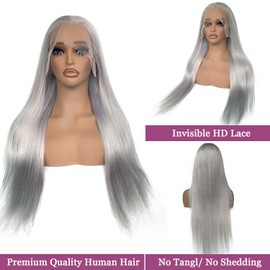Ubetta Grey Lace Front Wigs Human Hair, 28 Inch Silver Grey Glueless Wigs Human Hair Pre Plucked HD 13x6 Lace Front Wig Silver Gray Wig for Black Women 180% Density Straight Lace Frontal Wigs