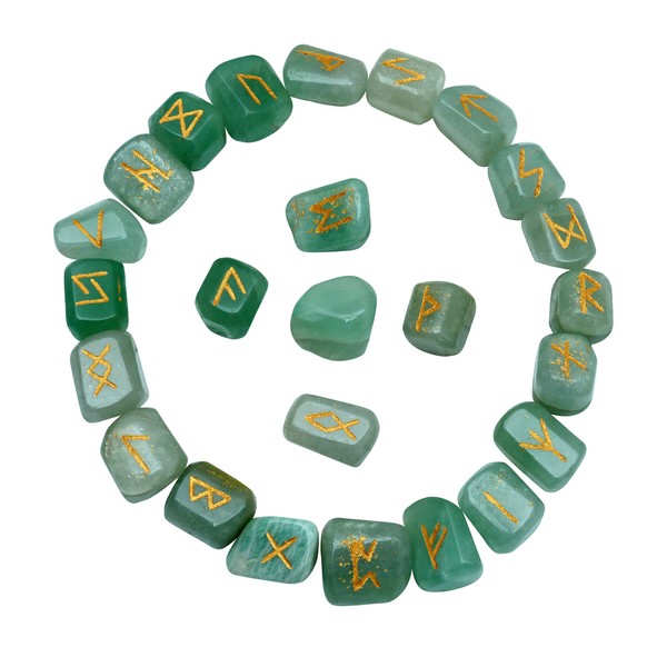 FASHIONZAADI Amazonite Gemstone Rune Set (25 Pieces Set) Engraved Pagan Lettering with Instruction Booklet for Charka Balancing Crystal Reiki Healing Runes Stones Set House Decor Size - 15-20 mm
