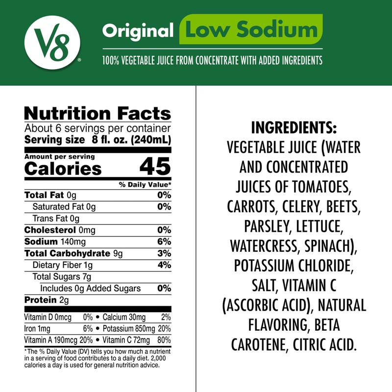 V8 Low Sodium Original 100% Vegetable Juice, 46 fl oz