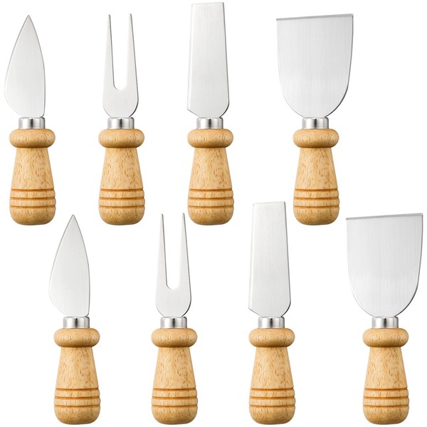 Bekith 8 Pieces Set Travel Cheese Knives with Wood Handle, Stainless Steel Cheese Slicer Cheese Cutter, 2 Cheese Knife, 2 Cheese Shaver, 2 Cheese Fork and 2 Cheese Spreader