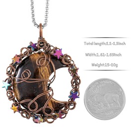 TUMBEELLUWA Crescent Moon Star Crystal Necklace for Women Men Reiki Healing Stone Copper Wire Wrapped Pendant with Adjustable Cord, Tiger's Eye Stone