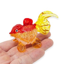 Mr_air_thai_Glass_Blown Tiny 2½" Red Orange Oranda Goldfish - Miniature Hand Blown Glass Ryukin Ranchu Fantail Gold Fish Animal Cute Crystal Decorative Figures Collectible Figurines Home Décor Gifts