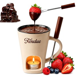 Ceramic Chocolate Fondue Mug Set with Dipping Fork, Mini Tea Light Heated Chocolate Melting Cup for Cheese & Caramel Desserts, Portable Small Fondue Pot Perfect for Holiday Gifting. (Cream Yellow)