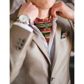 Barry.Wang African Kente Ascot for Men Stripe Tie Set Cravat Silk Scarf Self Necktie Handkerchief Cufflinks Formal Wedding Party Prom