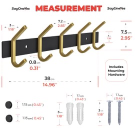 SAYONEYES Coat Rack Wall Mount – Black and Gold Hook Rail with 5 Double Coat Hooks, 15 Inch Stainless Steel Wall Hooks for Entryway, Bathroom, Bedroom, Closet, Towel, Hat, Bag, Heavy Duty Organizer