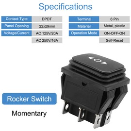 Xiatiaosann Rocker Switch Momentary 6 Pin ON/Off/ON Toggle Switch Polarity Reverse Button DC 12V 10A Motor Control AC 125V-250V DPDT Car Auto Boat RV Waterproof Switch with Wire, 2 PCS