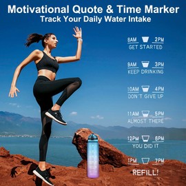 1L Water Bottle Motivational Drink Flask With Time Markings BPA Free Sport Gym (Pink Blue)
