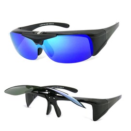 VeryHobby® Polarized FLIP UP FIT OVER Sunglasses Cover Rx Glasses Side Shield (Matte black(Blue Green Mirror Lens))