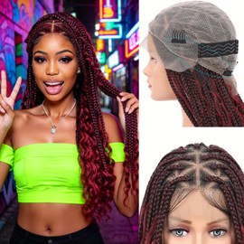 Hd Full Lace Box Braided Wigs for Black Women Knotless Burgundy Boho Long Curly Glueless Braiding Hair Extensions with Baby Hair Natural Synthetic Lace Front Faux Locs Wig 36 Inch